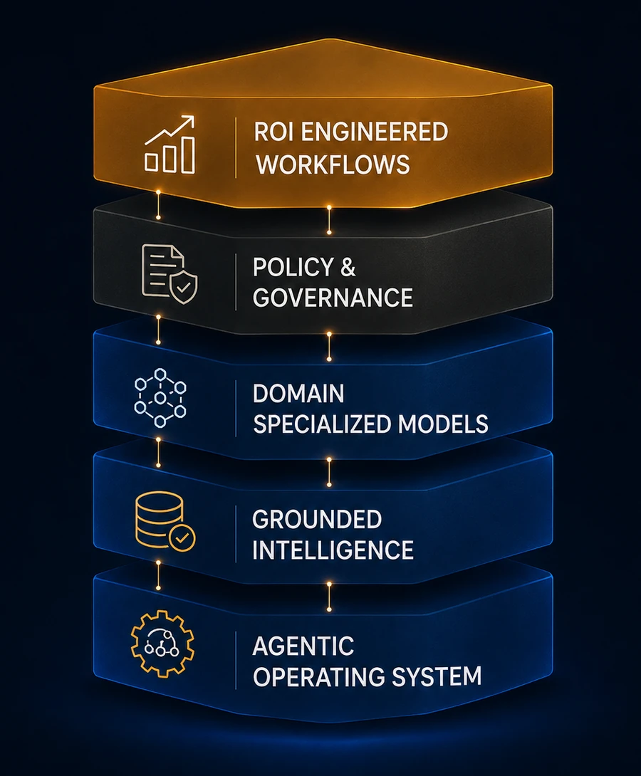 The Mavynn stack: Agentic Operating System at the foundation, then Grounded Intelligence, Domain-Specialized Models, Policy and Governance, and ROI-Engineered Workflows on top.