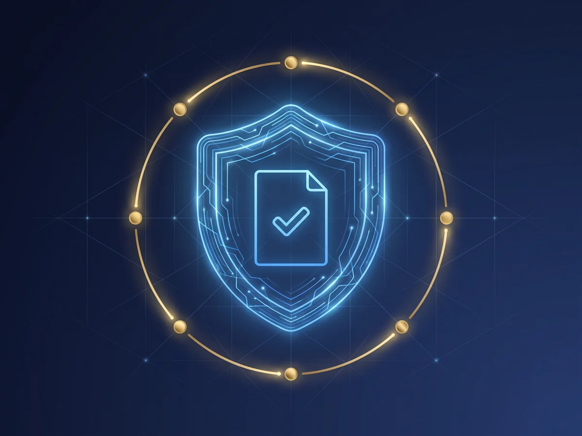 A policy document inside a protective shield, ringed by a renewal cycle of gold nodes