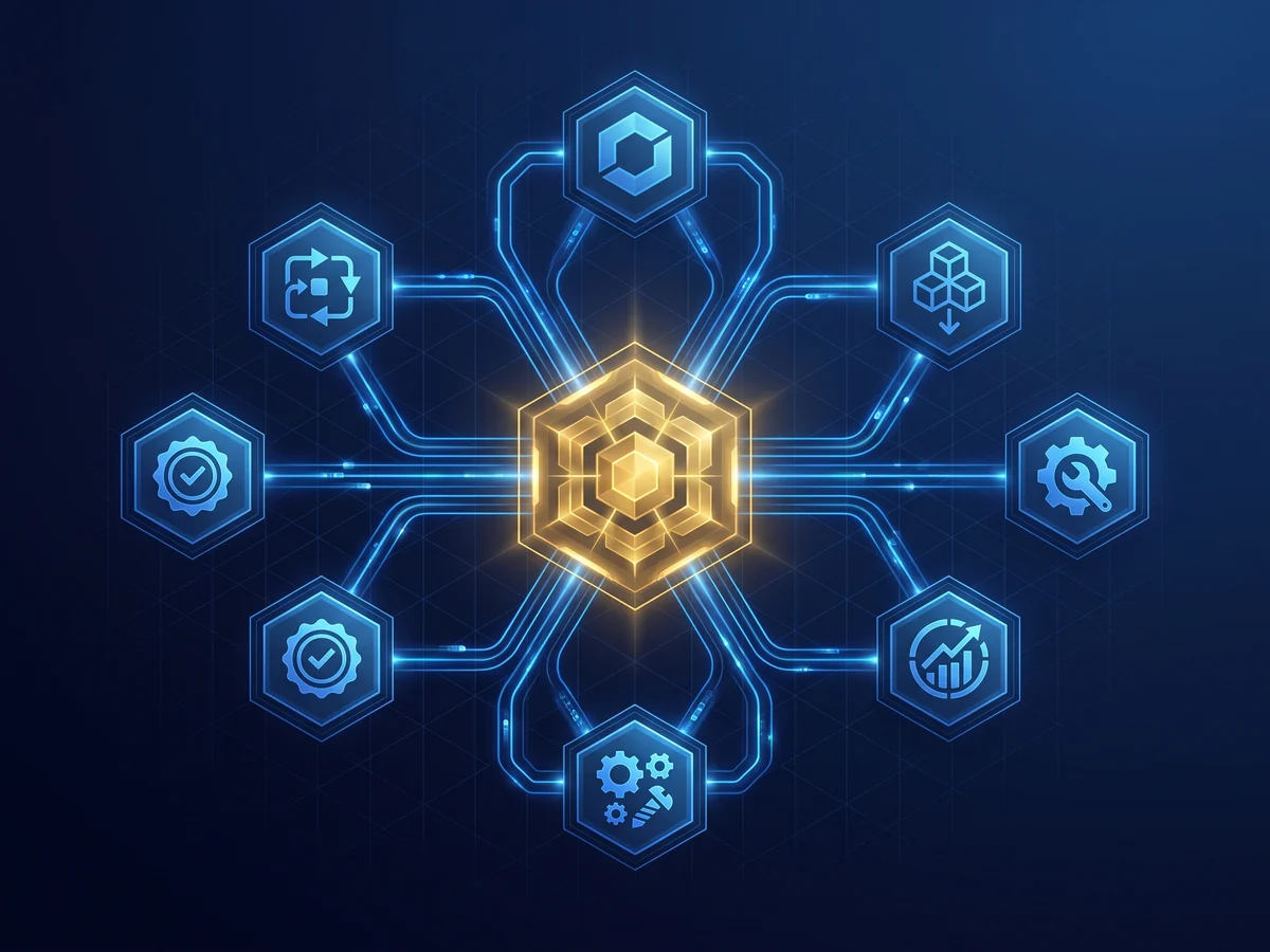 A gold hexagonal core orchestrating six connected operational nodes