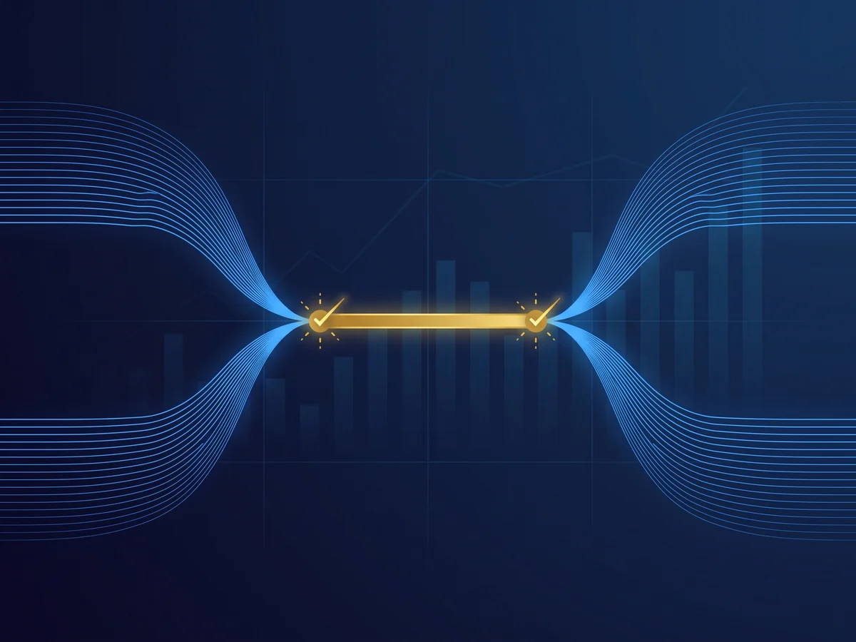 Four streams of ledger lines converging into a single balanced gold bar